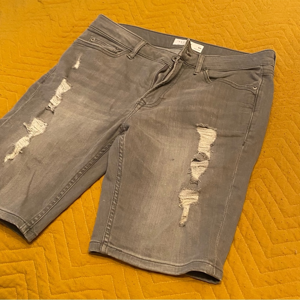 Topman “spray on” fit distressed shorts in grey denim
